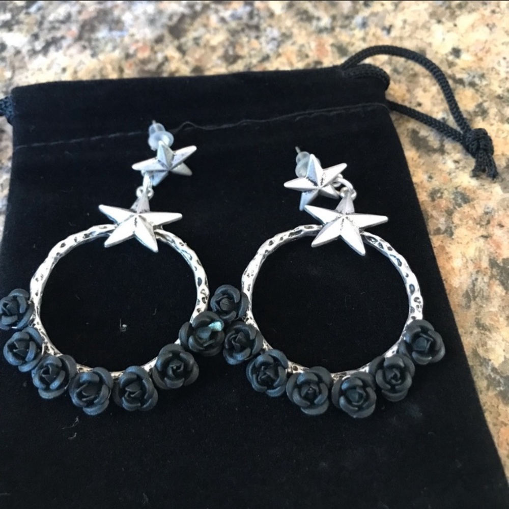 Handmade Sterling Silver-Plated Hoop Earrings Tiny Black Flowers #1 Made in USA